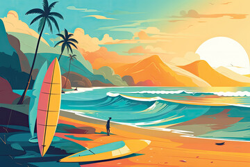Illustration of a beach with an umbrella and surfboards at sunset