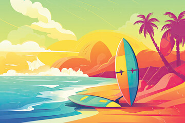 Illustration of a beach with an umbrella and surfboards at sunset
