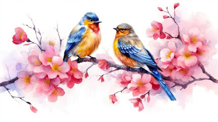 Colorful birds with branch sakura flower in watercolor design artistic. Concept of painting isolated on white background. Generative Ai.
