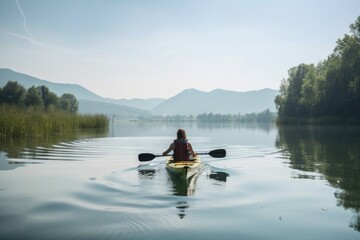water sports enthusiast paddling along peaceful lake, with view of the landscape and wildlife visible, created with generative ai