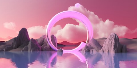 3d render, abstract panoramic background. Fantastic landscape with water, rocks, round mirror, chrome arch, neon ring and clouds on a pink pastel sky, Generative AI