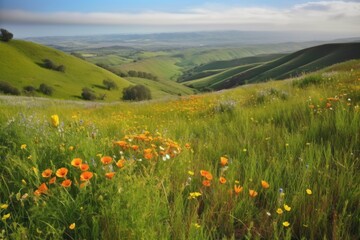 close-up of rolling hills with patches of wildflowers in the foreground, created with generative ai