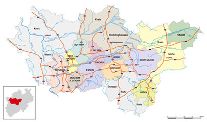 vector map of the largest German metropolitan region, the Ruhr area - obrazy, fototapety, plakaty