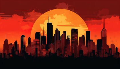 Fototapeta na wymiar Beautiful skyline of the city, sunset or sunrise, illustration art