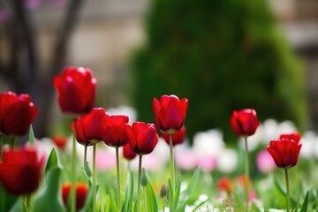 Fototapeta na wymiar closeup of beautiful red tulips in a garden with copyspace, created with generative ai