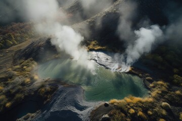 aerial shot of steam rising from the hot springs in a national park, created with generative ai