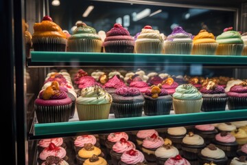 window display of classic and gourmet cupcakes, with a variety of vibrant flavors on display, created with generative ai