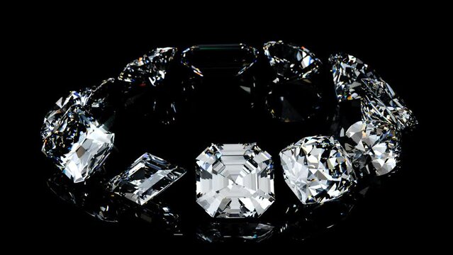 Diamonds shapes. Twelve variously cut diamonds rotating on black glossy background. Seamless loop 3d animation