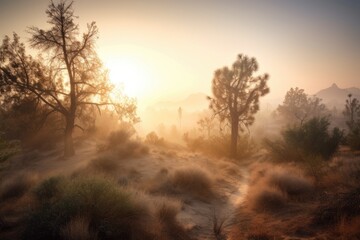 forested desert with misty sunrise in the background, created with generative ai
