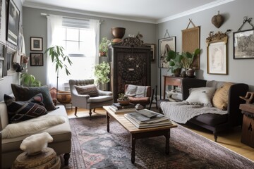 a cozy room with a mix of old and new furniture, vintage accessories, and modern accents, created with generative ai