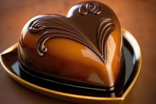 heart-shaped chocolate cake with a delicate caramel glaze, created with generative ai
