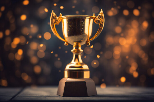 golden winners throphy on a black background with bokeh lights created with AI generative tools