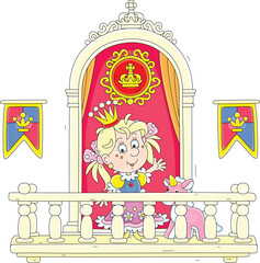 Little princess in a golden crown with her toy unicorn on a balcony of a royal palace, vector cartoon illustration isolated on white