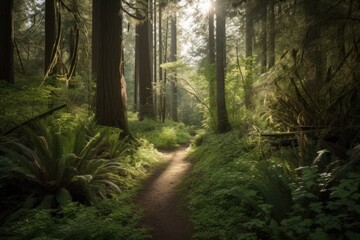 peaceful hike through forest with tall trees and sunlight filtering through the canopy, created with generative ai