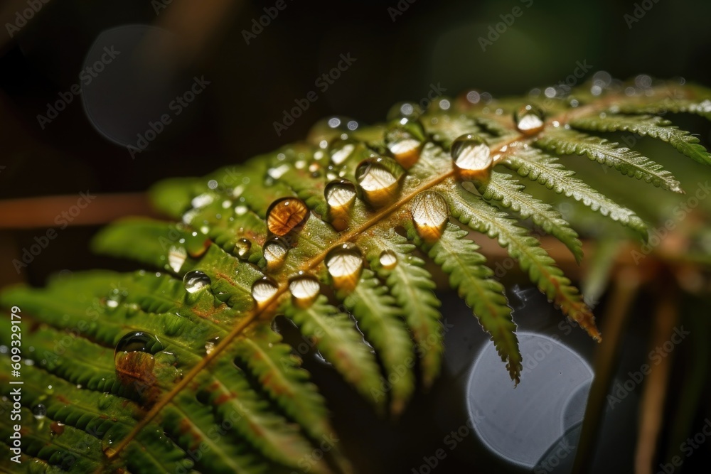 Wall mural macro shot of fern frond, in shallow pool with water droplets, created with generative ai