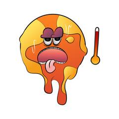 Global warming concept. Graphic illustration of a melting earth. Cartoon earth. Stop global warming. Sweaty earth planet with high temperature. Vector illustration.