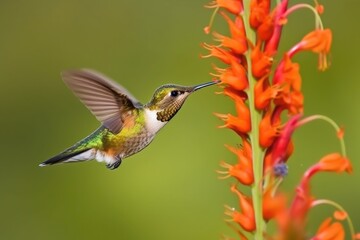 Fototapeta premium macro shot of hummingbird fluttering its wings while feeding on flower, created with generative ai