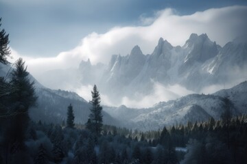 majestic mountain range, covered in a blanket of snow and ice, created with generative ai