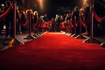 red carpet rolling out in front of glamorous movie premiere with paparazzi in the background, created with generative ai