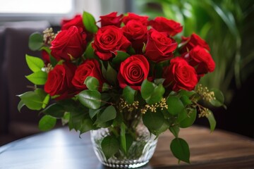 red roses in a vase, surrounded by green foliage, created with generative ai