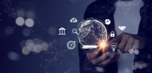 Businessman using smartphone with global internet connection application technology for business and digital marketing, finance and banking. , digital link technology big data