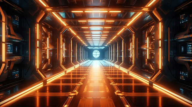 Spaceship corridor. Futuristic tunnel with light, Generative AI