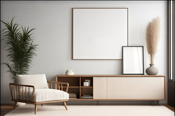 Contemporary Elegance Mockup Poster Frame in Modern Living Room Interior. created with Generative AI