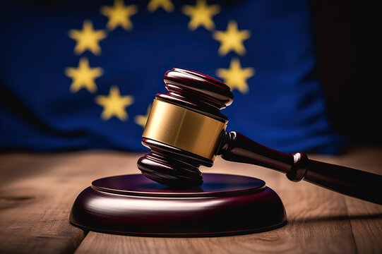 European Union Law and Order Symbolic Judges Gavel Hammer on EU Flag. created with Generative AI