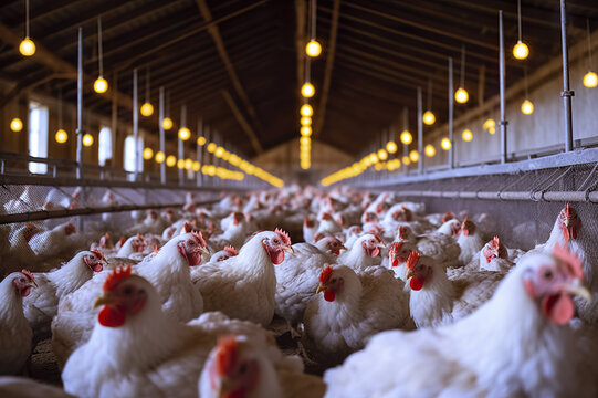 Poultry farming practices chicken coop agriculture indoor setting wide angle sustainable animal husbandry