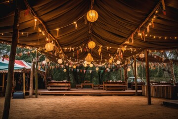 Fototapeta premium a wooden dance floor with lanterns hanging overhead at a festival, created with generative ai