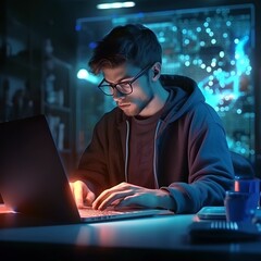A programmer in a dark room programming at a laptop Generative AI