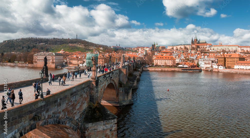 Canvas Prints scenic spring panoramic aerial view of the old town pier architecture and charles bridge over vltava