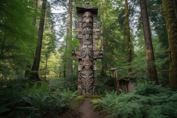 a wooden totem pole with intricate designs in the middle of a forest, created with generative ai