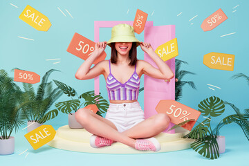 Photo 3d comics sketch collage picture of excited funny lady buying sale summer clothes isolated blue color background - Powered by Adobe