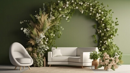 Living room interior furniture wall mock up, modern decorative green arch with trendy dried flowers, white sofa and armchair. 3d render Generative Ai.