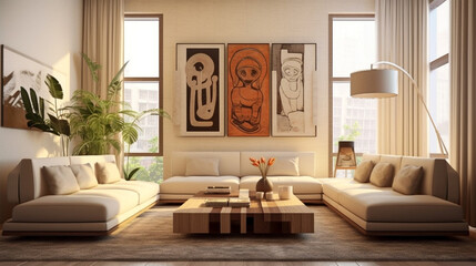 Scandinavian living room interior in beige colors with three big white frame decoration mockup. Generative Ai.
