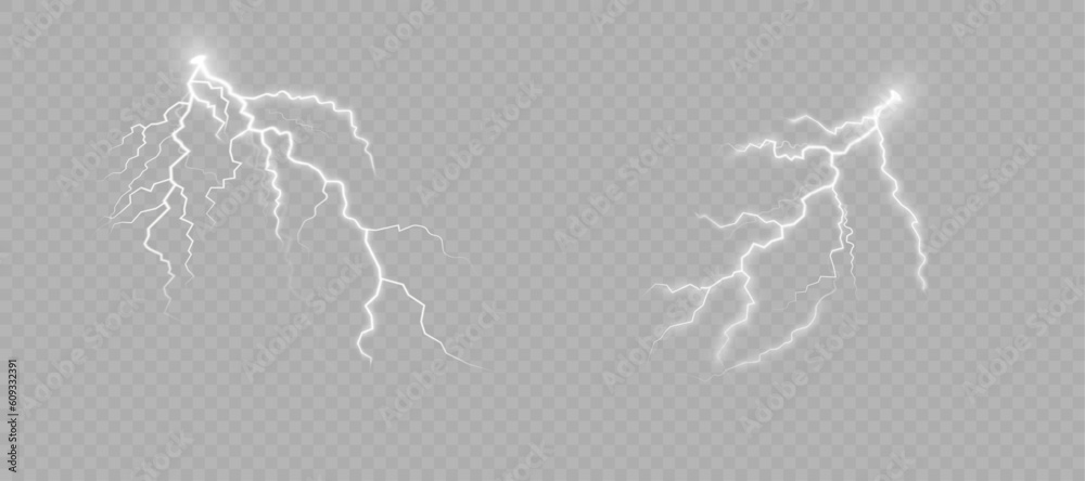 Poster lightning and lighting effect, lightning set, thunderstorm and lightning, natural force or magic, li