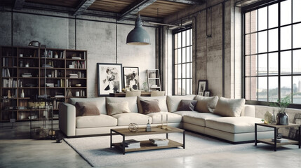 Fototapeta na wymiar Soft cream Living room interior in loft, industrial style. 3d render generative ai.