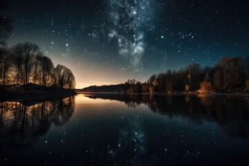 sparkling reflection of the night sky in a lake, created with generative ai