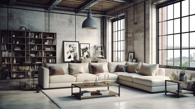 Soft cream Living room interior in loft, industrial style. 3d render generative ai.