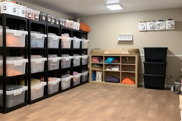 a room full of storage bins, labeled and organized, created with generative ai