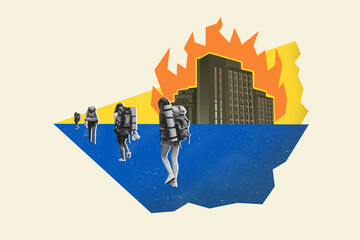 Creative collage image of black white gamma people tourist bag belongings walk away burning city...