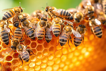 Honey Bees on Honeycomb Busy Apiary Buzzing with Summertime Activity. created with Generative AI