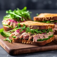 Delicious Tuna and Vegetable Sandwiches on a Fresh Background. Generative AI