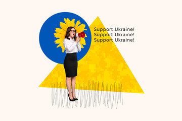 Collage picture of elegant formalwear girl communicate loudspeaker toa support ukraine isolated on...