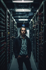 portrait of male engineer in data storage center for databases and information technology systems with servers. Generative AI