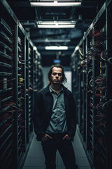Fototapeta premium portrait of male engineer in data storage center for databases and information technology systems with servers. Generative AI