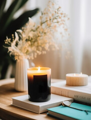 Burning candle mockup, styled home interior decor with candle jar with label template Generative AI