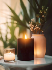 Obraz na płótnie Canvas Burning candle mockup, styled home interior decor with black ceramic candle jar template Generative AI