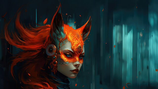Fierce kasai kitsune female fox with fiery flame red hair and piercing gaze; immortal age old mythical spirit guardian fantasy art portrait - fictional character Generative AI

